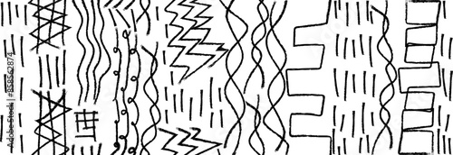 Children's seamless doodles with black wax pencil on a white background.