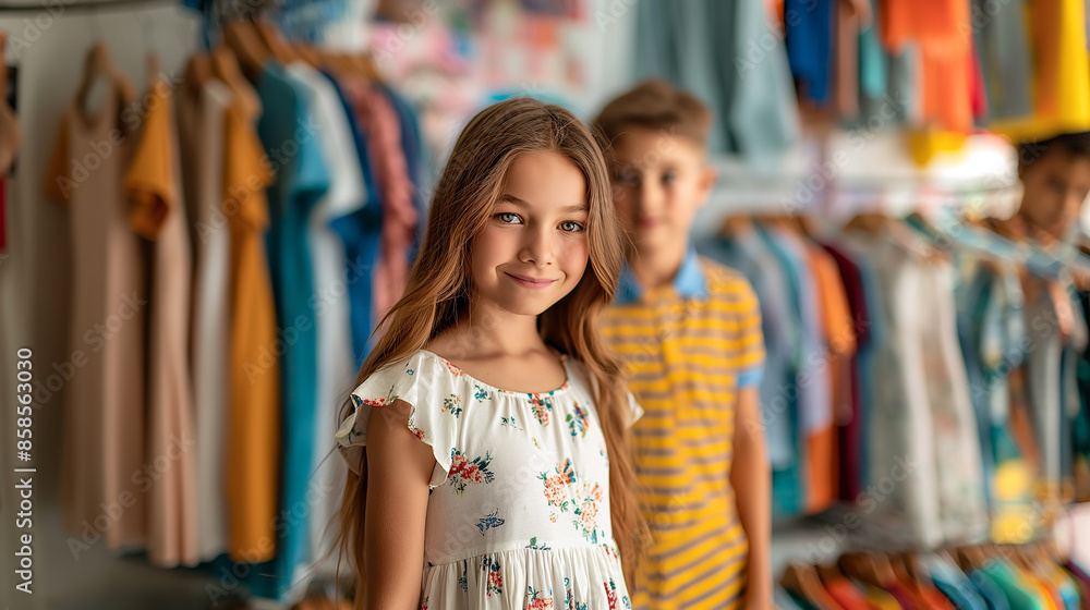 Smiling girl choosing clothes in a store with her family Smiling girl choosing clothes in a store with her family