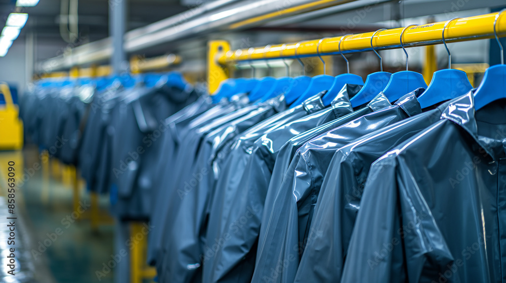 Protective suits hanging from clothes rack in garment factory Stock ...