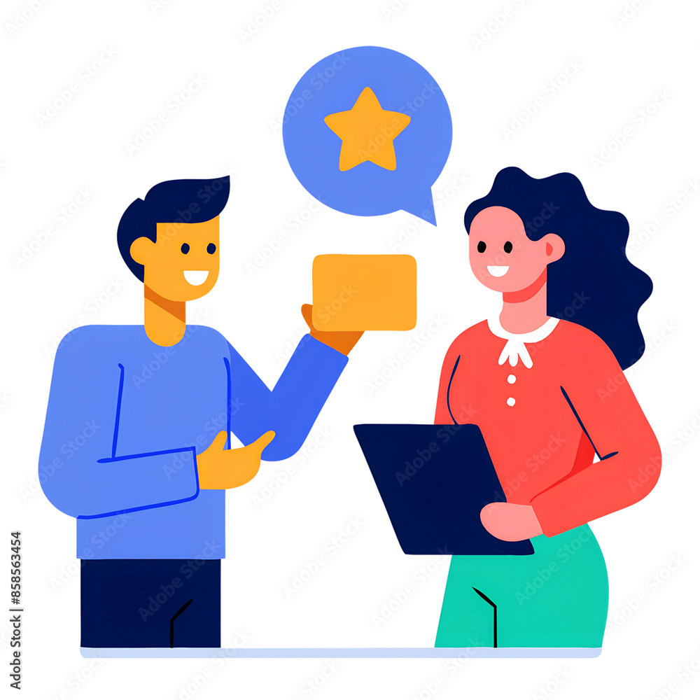 Man Receiving Positive Feedback From Woman With Clipboard Man Receiving Positive Feedback From Woman With Clipboard