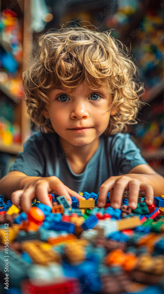 Joyful child immersed in creative play with colorful bricks in vibrant setting, daytime, capturing the essence of childhood wonder and imaginative play. Joyful child immersed in creative play with colorful bricks in vibrant setting, daytime, capturing the essence of childhood wonder and imaginative play.