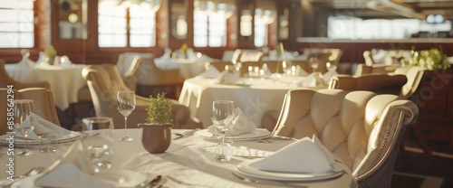 Elegant Cruise Ship Dining Room With Beautifully Set Tables
