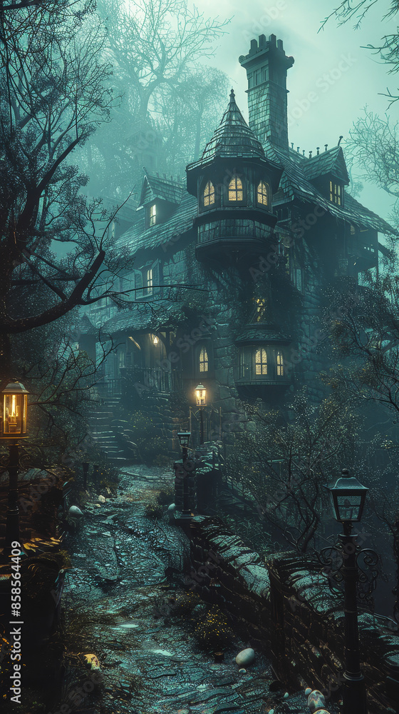 Fototapeta premium Foggy Haunted Mansion with Eerie Pathway and Old Lanterns on Spooky Night