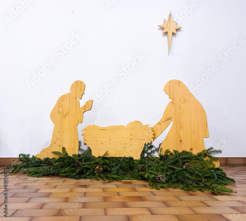 Wooden silhouette of Christmas nativity scene - cribs, birth of Jesus photo