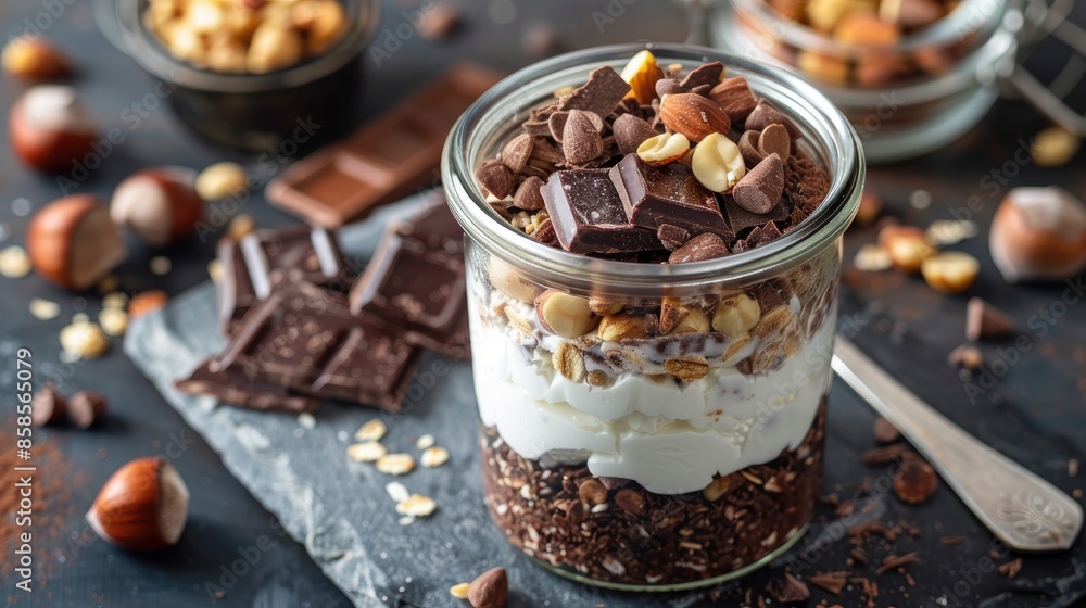 Homemade muesli with chocolate hazelnuts and yogurt in a jar for a healthy breakfast Homemade muesli with chocolate hazelnuts and yogurt in a jar for a healthy breakfast