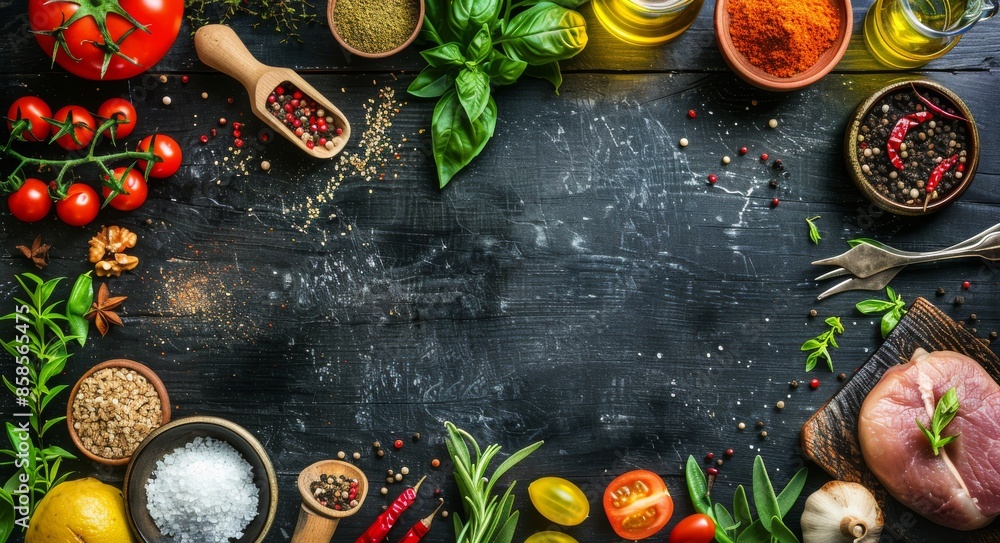 Fresh Ingredients Arranged Around Black Wooden Surface Fresh Ingredients Arranged Around Black Wooden Surface