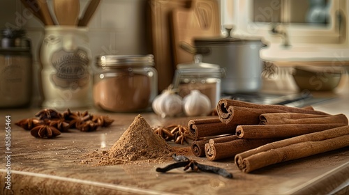 A close-up of baking spices including cinnamon sticks, nutmeg, cloves, and vanilla pods arranged on a kitchen countertop. Generative AI