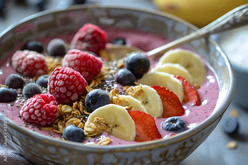 Close-up of a berry smoothie bowl topped with sliced bananas, granola, and fresh berries, with a spoonful ready to be enjoyed Close-up of a berry smoothie bowl topped with sliced bananas, granola, and fresh berries, with a spoonful ready to be enjoyed