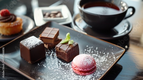 Tea and petit four with chocolate