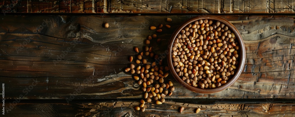 Rustic wooden table with scattered pine nuts in a bowl, top view. Organic food and natural ingredients concept Rustic wooden table with scattered pine nuts in a bowl, top view. Organic food and natural ingredients concept