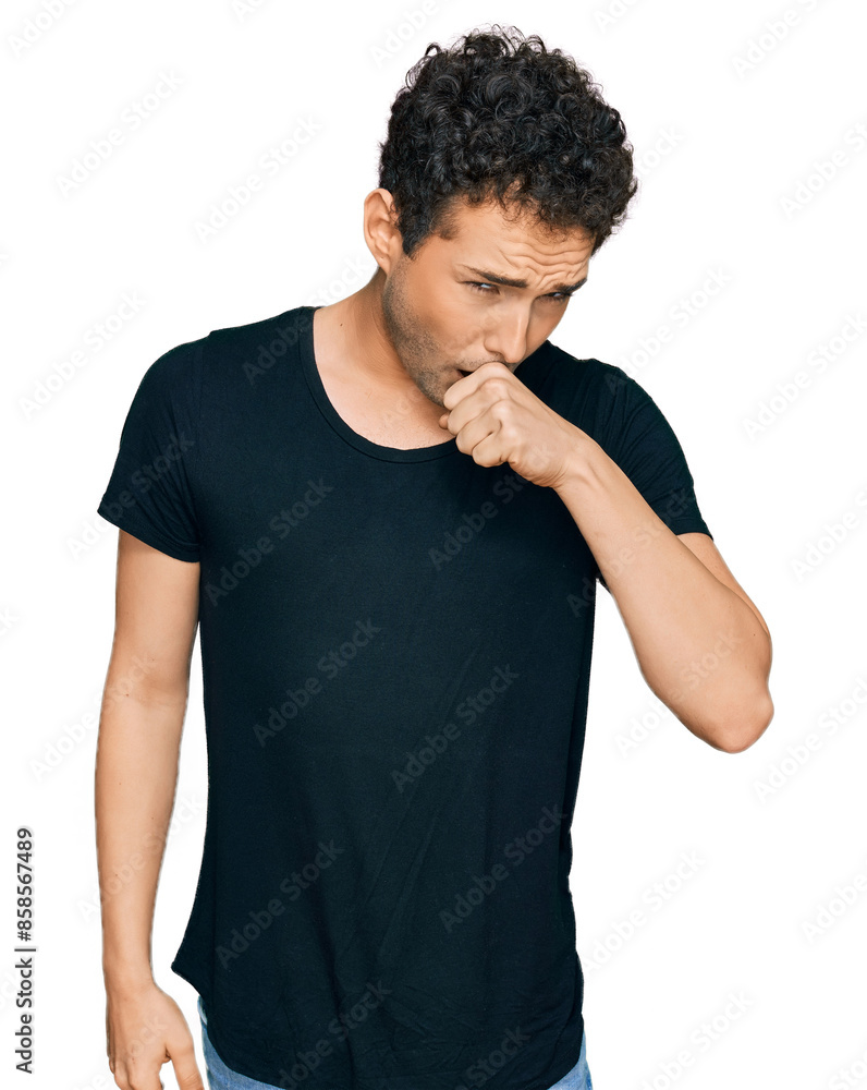 Young handsome man wearing casual black t shirt feeling unwell and coughing as symptom for cold or bronchitis. health care concept. Young handsome man wearing casual black t shirt feeling unwell and coughing as symptom for cold or bronchitis. health care concept.