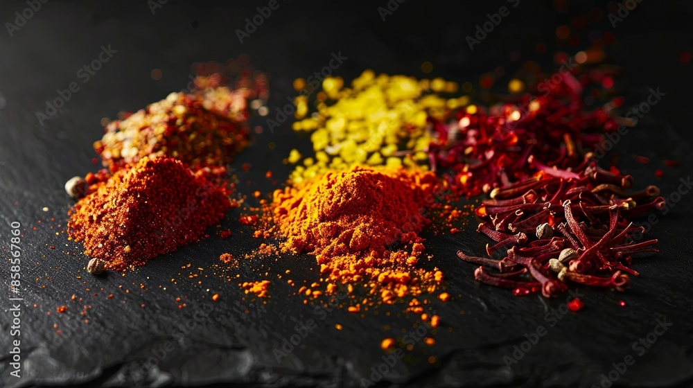 A close-up image of colorful spices arranged on a black surface, including saffron, curry powder, and annatto. Generative AI A close-up image of colorful spices arranged on a black surface, including saffron, curry powder, and annatto. Generative AI