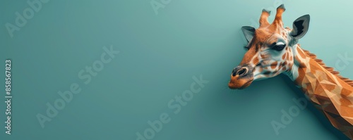 A polygonal giraffe head against a teal background. Modern low-poly art design. Perfect for creative and unique projects.
