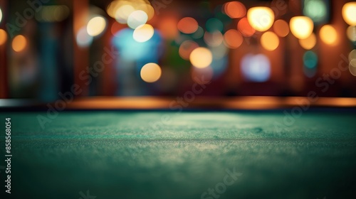 a close up of a empty green table with blurred casino background