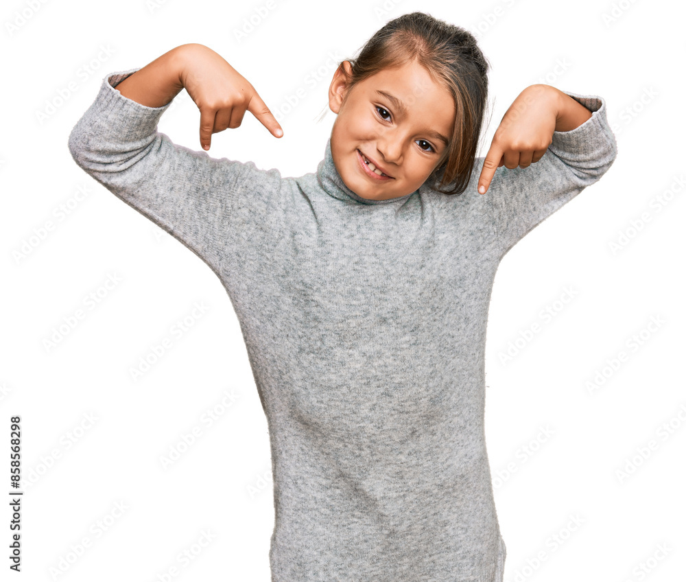 Little beautiful girl wearing casual turtleneck sweater looking confident with smile on face, pointing oneself with fingers proud and happy. Little beautiful girl wearing casual turtleneck sweater looking confident with smile on face, pointing oneself with fingers proud and happy.