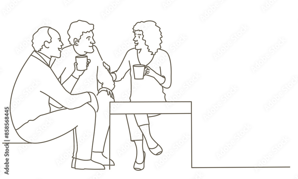 Three people sitting at a table with cups in front of them Three people sitting at a table with cups in front of them