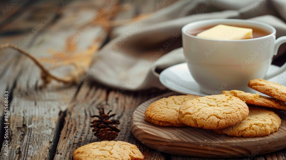 Fototapeta premium Cookies with butter served with tea on a wooden backdrop