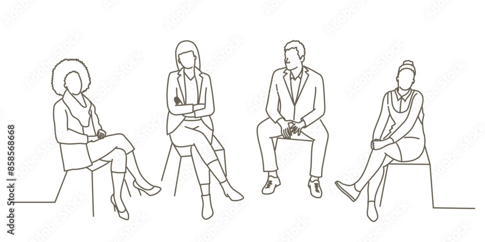 Four people is wearing suits are sitting on chairs Four people is wearing suits are sitting on chairs