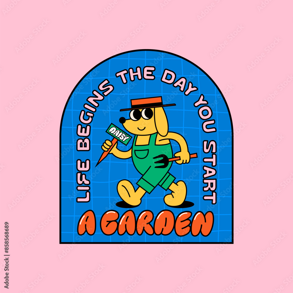 Dog Gardener in Funny Retro Style. Vector Sticker with Cartoon Character and Fun Quote. Farmer and Agriculture Illustration Dog Gardener in Funny Retro Style. Vector Sticker with Cartoon Character and Fun Quote. Farmer and Agriculture Illustration