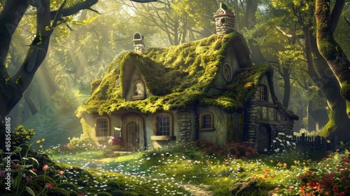Enchanting fairytale cottage in a lush forest surrounded by wildflowers and sunlight filtering through trees