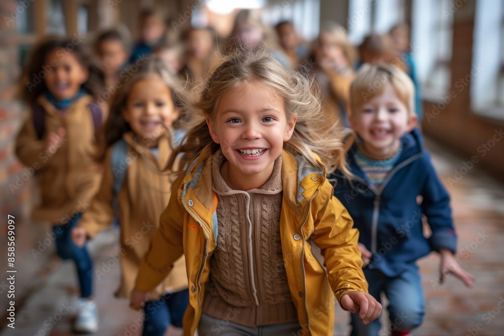 A group of happy children running down the hallway with excitement A group of happy children running down the hallway with excitement