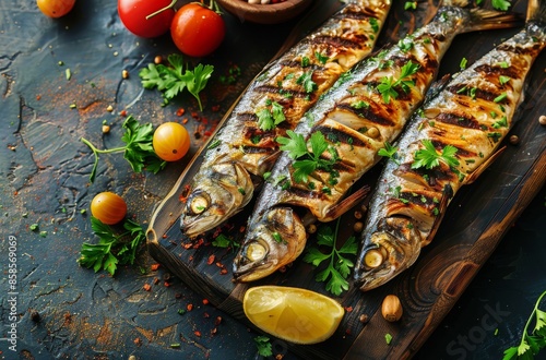 Grilled Fish With Lemon and Parsley on Rustic Wooden Cutting Board