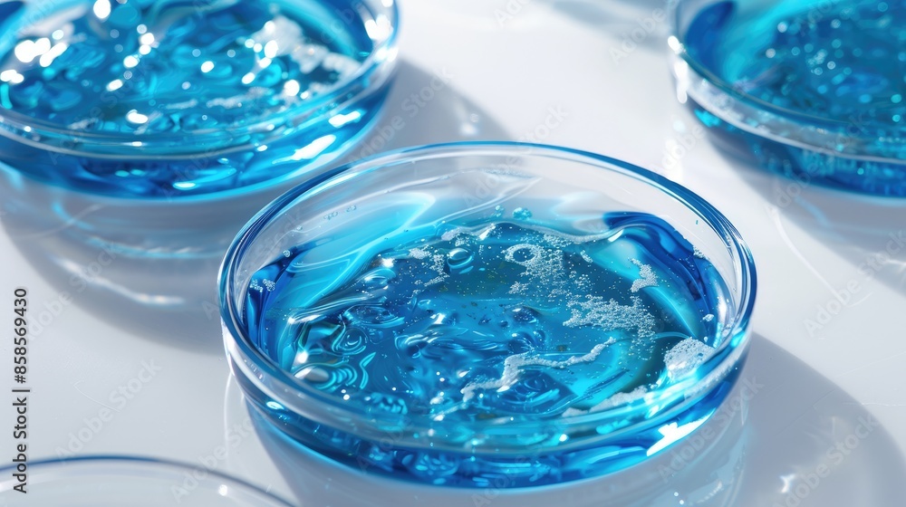 Copper sulphate solution in petri dishes on a white surface Copper sulphate solution in petri dishes on a white surface