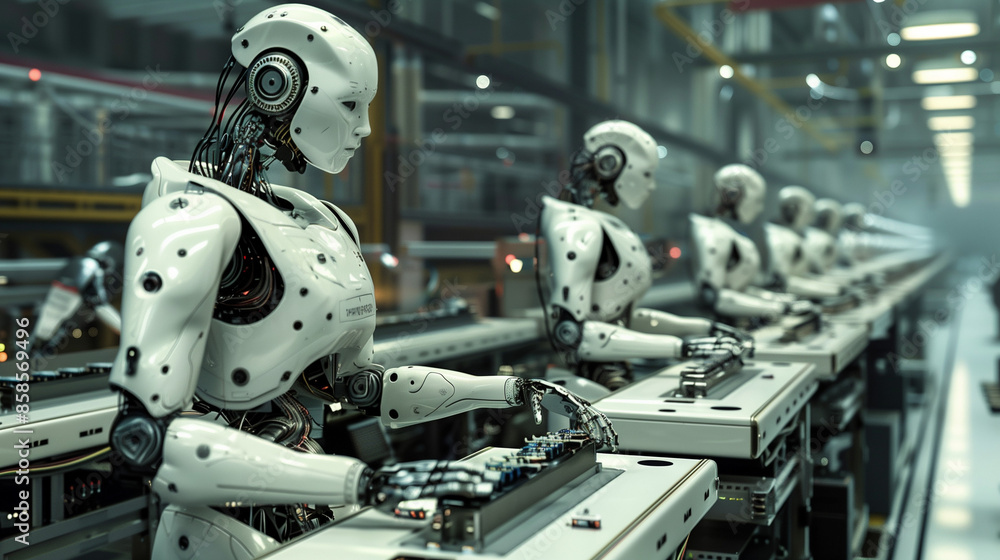 Industrial robots working on an assembly line in a factory. The scene depicts advanced manufacturing technology and automation in the industrial sector, showcasing efficiency and precision.
Industrial robots working on an assembly line in a factory. The scene depicts advanced manufacturing technology and automation in the industrial sector, showcasing efficiency and precision.