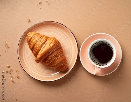 Tasa de café con croissant imagen desde arriba