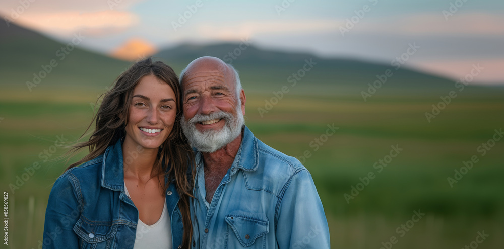 Father and daughter enjoying a sunset in a field of flowers Father and daughter enjoying a sunset in a field of flowers
