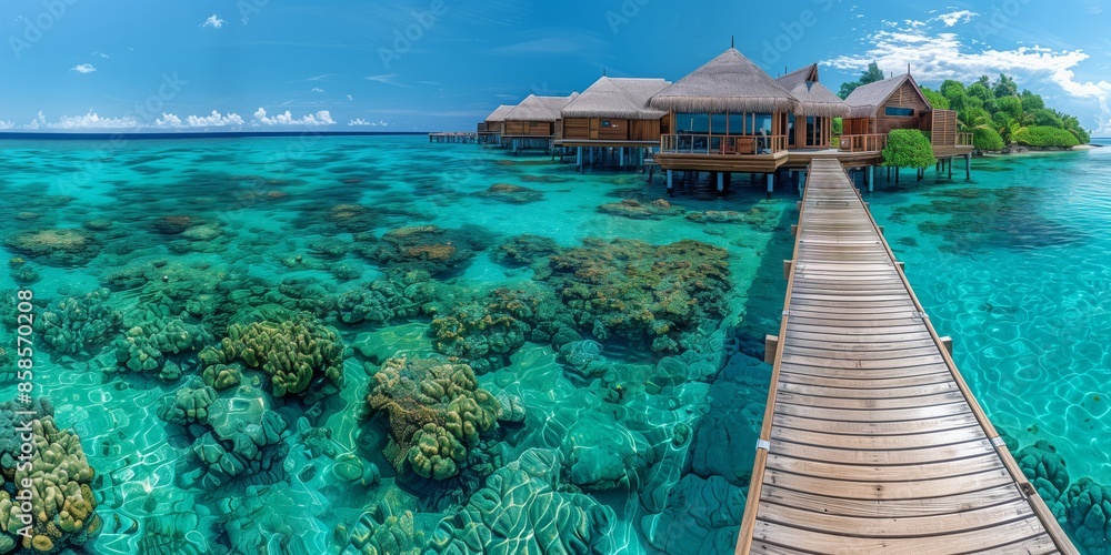 Fototapeta premium Overwater bungalows with a wooden walkway over a coral reef