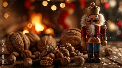 Festive Nutcracker Scene with Nuts and Warm Fireplace Lighting photo