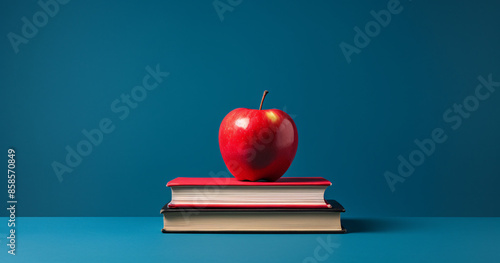 book apple, red apple, stack books, World teacher day, blue background,