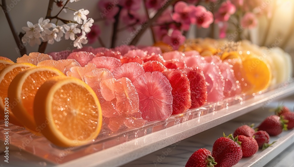 Showcase the precision and artistry behind each perfectly sliced fruit, suspended with grace and elegance against a backdrop of endless possibilities. Showcase the precision and artistry behind each perfectly sliced fruit, suspended with grace and elegance against a backdrop of endless possibilities.