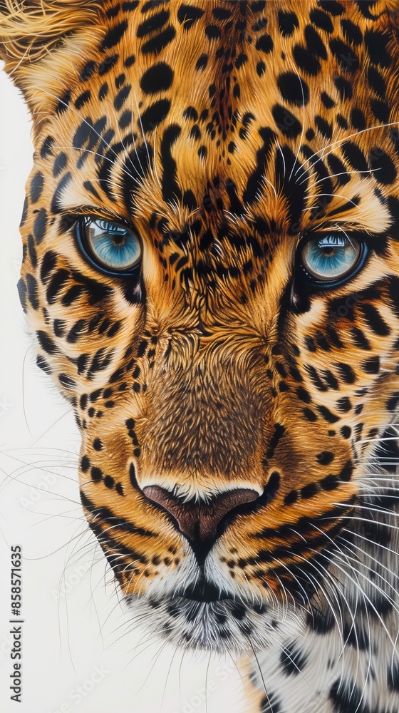 Obraz premium Close-up of a leopard's face with intense blue eyes, detailed fur, and whiskers on a white background. Wildlife and nature concept