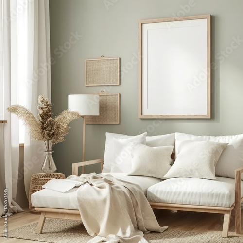 Mockup frame in home interior background, room in natural green pastel color.