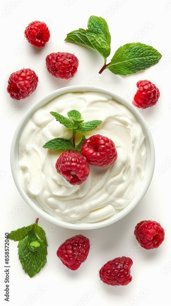 Raspberries and mint leaves on yogurt in a white bowl, healthy snack and diet concept Raspberries and mint leaves on yogurt in a white bowl, healthy snack and diet concept