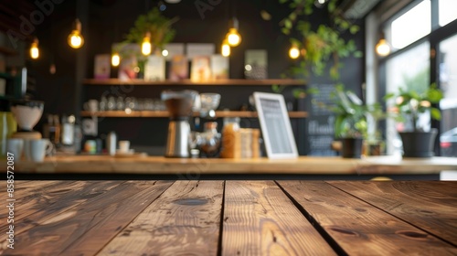 Obraz na płótnie Blurry background of a coffee shop with an empty wooden table w salonie