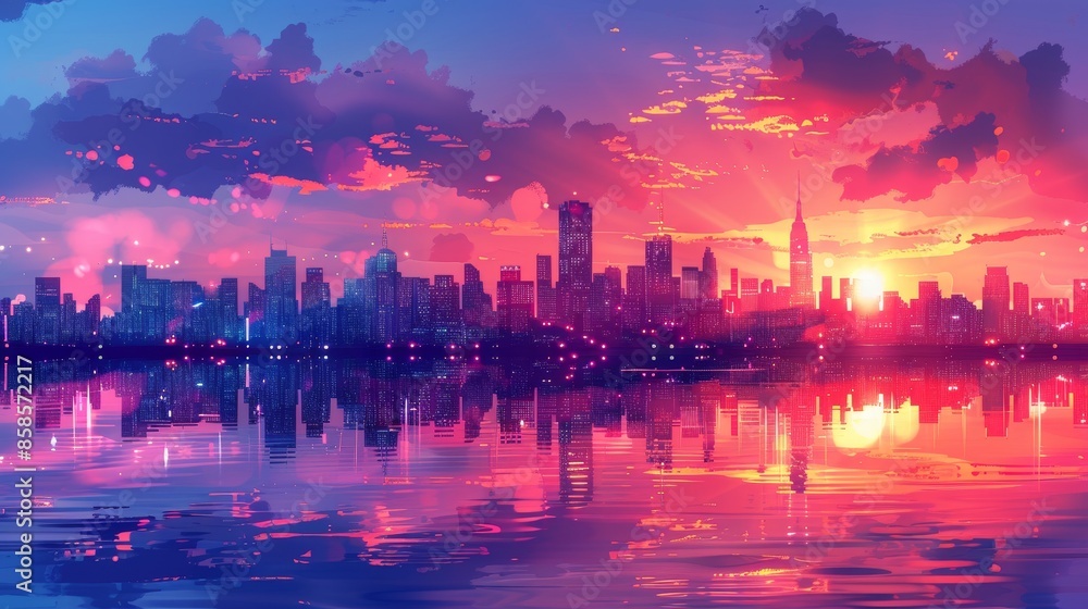 Obraz premium City skyline vector illustration at sunset with artistic details,