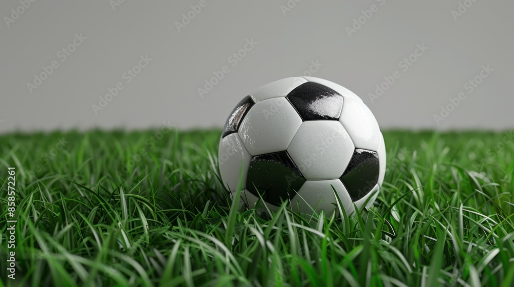 Obraz premium Photorealistic Soccer Ball on Green Grass Field with Grey Background