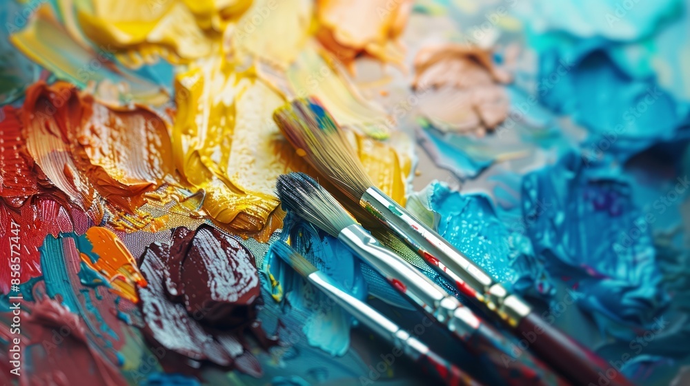 Vivid Paintbrushes on Colorful Palette: Abstract Art in Action Vivid Paintbrushes on Colorful Palette: Abstract Art in Action