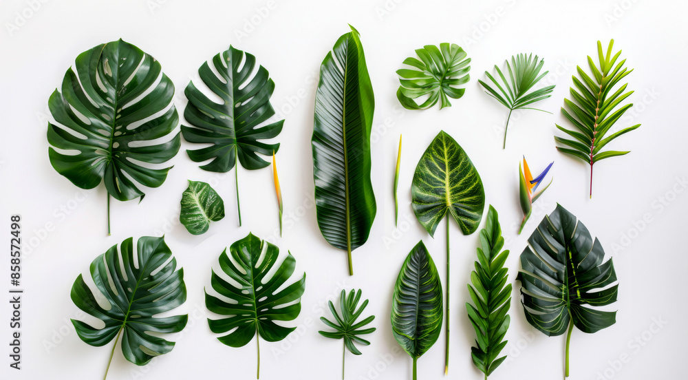 A flat lay image of various tropical leaves and flowers arranged on a white background A flat lay image of various tropical leaves and flowers arranged on a white background