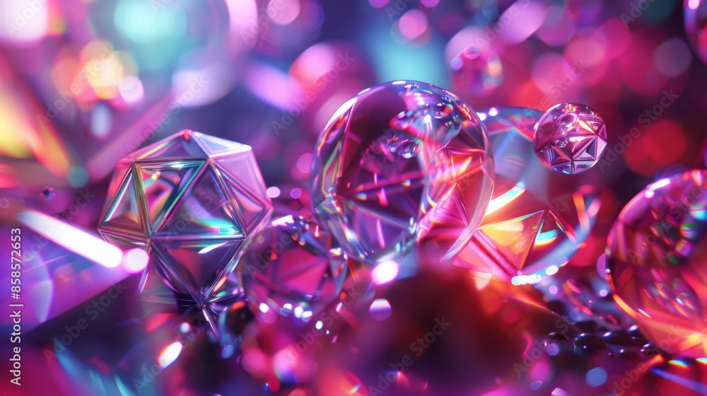 A close-up image of iridescent geometric shapes with pink and purple lights reflecting off their surfaces A close-up image of iridescent geometric shapes with pink and purple lights reflecting off their surfaces