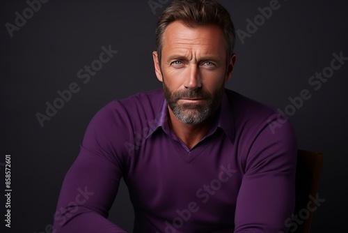 Photo of minded handsome man wear trendy purple clothes over the black background