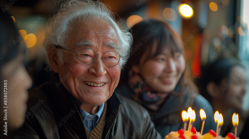 誕生日ケーキに喜ぶおじいさん 誕生日ケーキに喜ぶおじいさん