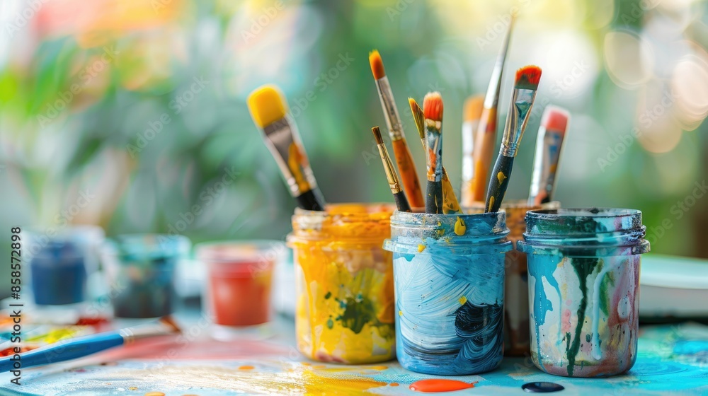 Blurred image with empty area Painting with watercolor Creating craft on ceramic Art class for creativity Leisure pursuit Blurred image with empty area Painting with watercolor Creating craft on ceramic Art class for creativity Leisure pursuit