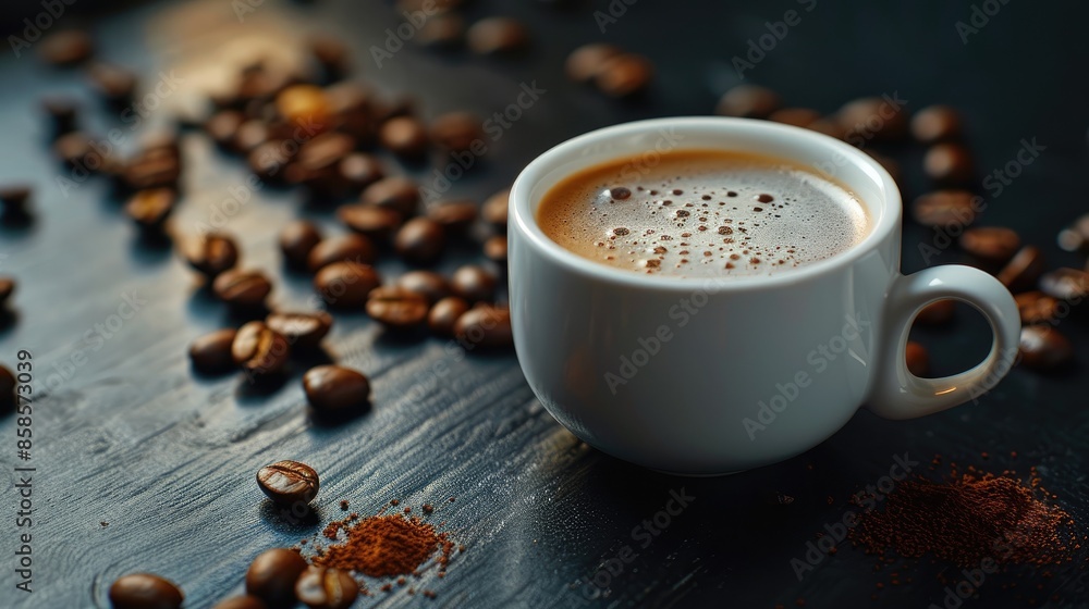 Black coffee with milk foam in white cup on dark table with beans Black coffee with milk foam in white cup on dark table with beans