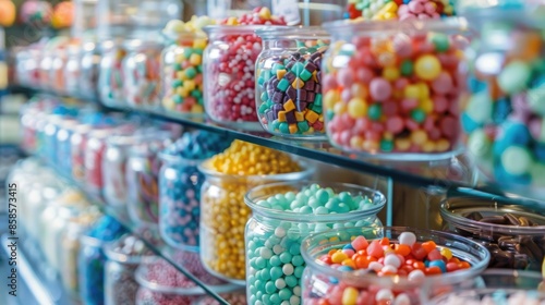 Assorted candies in glass containers at sweet store
