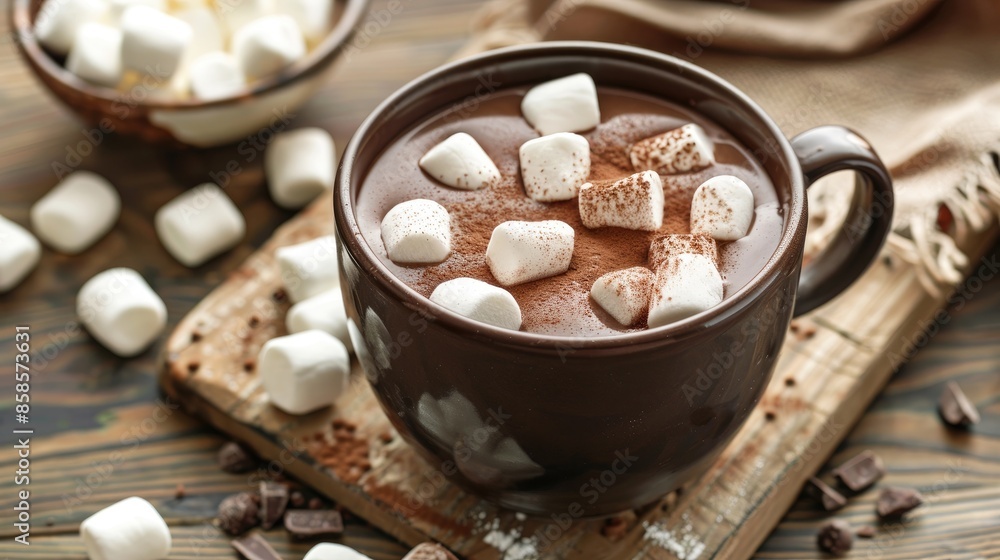 Hot chocolate with marshmallows in a mug on a wooden surface Hot chocolate with marshmallows in a mug on a wooden surface