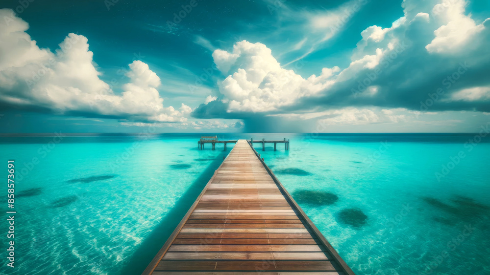Obraz premium Peaceful tropical pier under blue sky